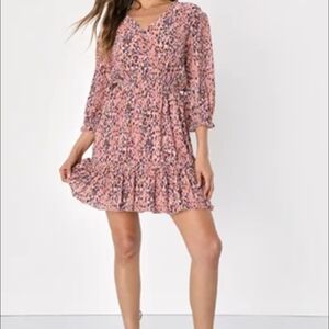Pink Multi Print Half-Sleeve V-Neck Mini Dress